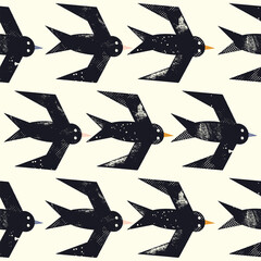 Seamless pattern with textured swallows. Stamp technique. Vector birds, background, print, design