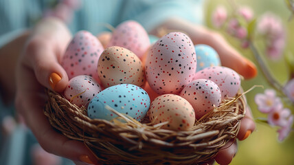Naklejka na ściany i meble Nesting Easter eggs: Carefully cupped in hands.