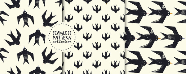 Seamless pattern set with textured swallows. Stamp technique. Vector birds, backgrounds, prints, designs