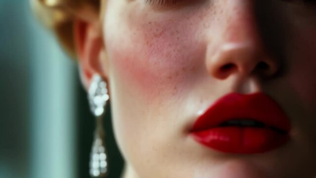 A closeup of a woman with a deep red pout and sparkling drop earrings, channeling the iconic style of Marilyn Monroe.