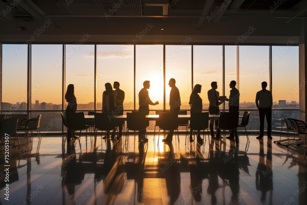 Poster group of people in front of a window, suitable for office or teamwork concepts
