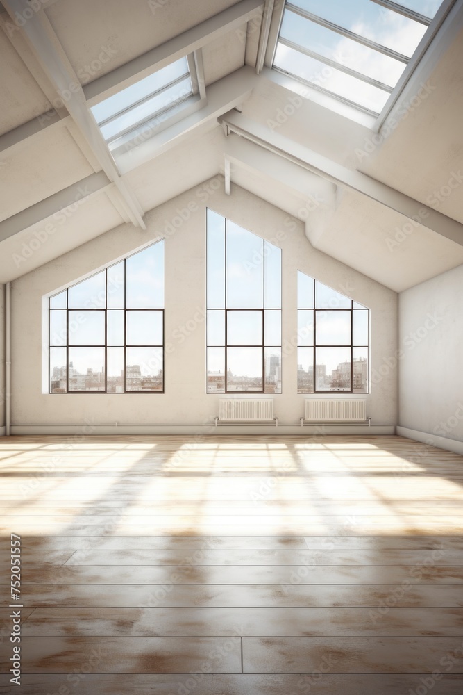 Poster A simple image of an empty room with many windows. Suitable for interior design concepts
