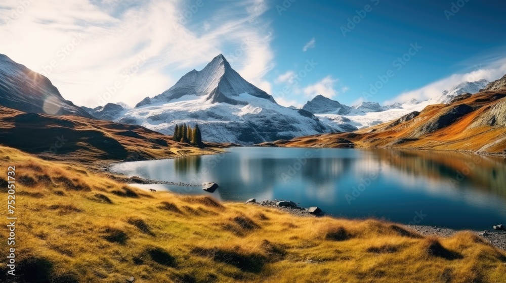 Poster Scenic view of a mountain range with a serene lake in the foreground. Suitable for nature and travel concepts