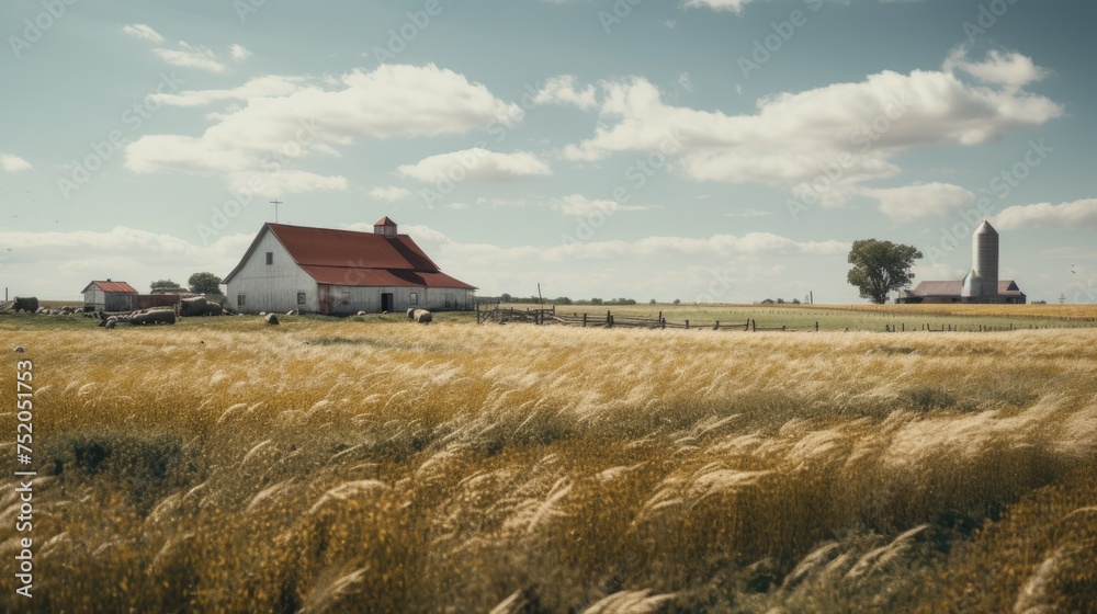 Aufkleber a picturesque view of a field of tall grass with a rustic barn in the background. ideal for agricult