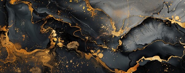 Abstract marble pattern with liquid ink paint texture in black and gold, showcasing luxurious stone colors and crack-like textures.