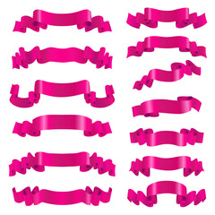 Set of pink ribbons in vintage style, decorative design elements, vector illustration