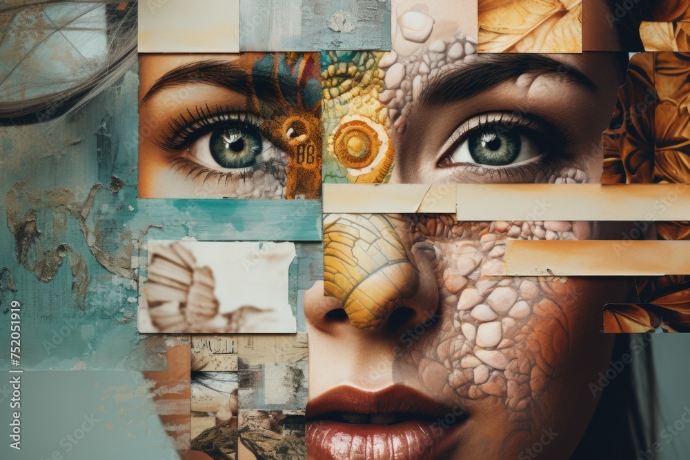 Poster collage of a woman's face with a clock in the background. suitable for time management concepts