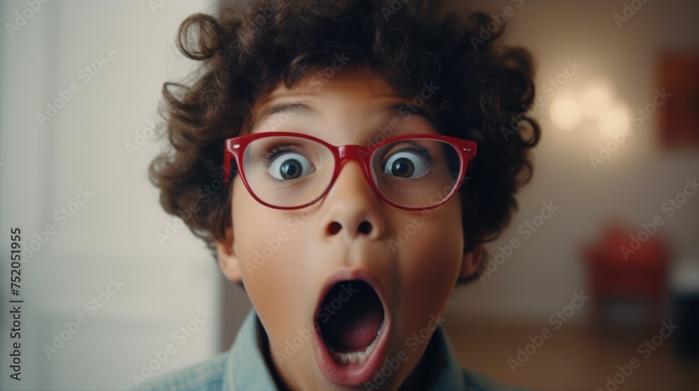 Poster a young boy with a surprised expression on his face. suitable for various concepts and ideas