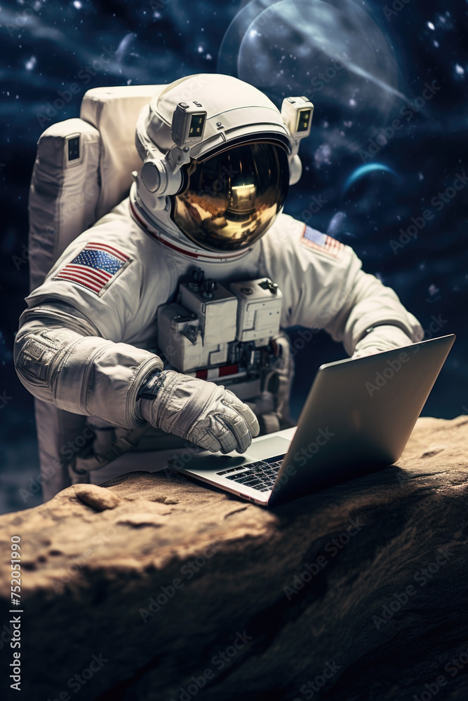 Poster Astronaut using modern technology in space exploration. Suitable for science and technology concepts