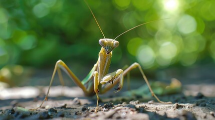 Close up of a praying mantis on the ground. Perfect for nature or wildlife themes