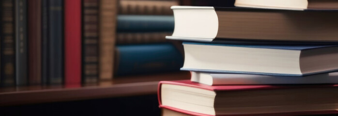 Stack of old books on wooden table, many books on bookshelf on background, copy space for text, Book tops, Old and big books. Educational concept. Close up. Banner