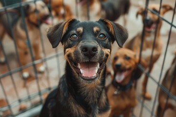 Cute dog smiling at camera in a shelter