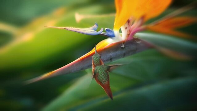 Allen's hummingbird feeding on Crane flower. Slow motion, 4K.