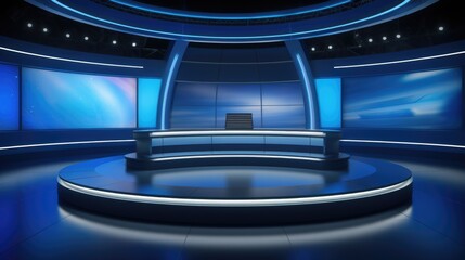 A modern TV studio with a large screen and a bench. Perfect for broadcasting or filming events - obrazy, fototapety, plakaty