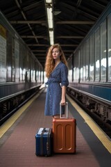 a young woman standing in a train station holding her suitcase