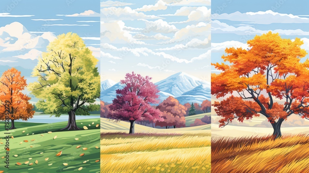 Aufkleber A scenic view of trees in a field with mountains in the background. Suitable for nature and landscape themes