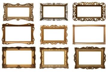 A set of six gold picture frames on a plain white background. Perfect for showcasing images or artwork