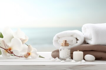 Fototapeta na wymiar Towels and candles on a table near the ocean. Perfect for spa or relaxation concept