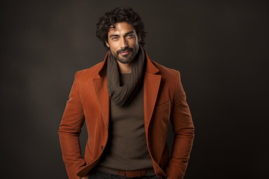 Fashionable young indian man in a red jacket and scarf