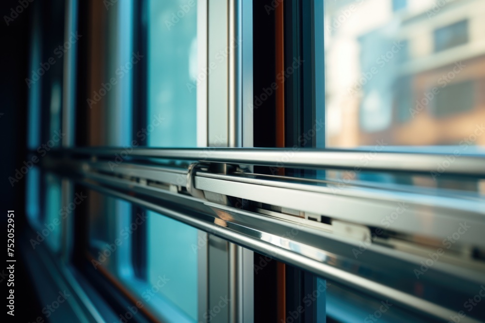 Poster A detailed view of a window with a sturdy metal handle, suitable for architectural and design concepts