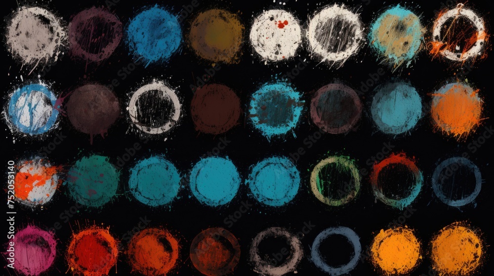 Poster vibrant circles of various colors on a dark backdrop. suitable for graphic design projects