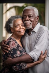 senior couple, black woman and love with a hug in retirement living home together