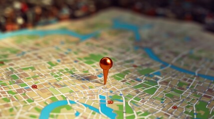 Close up of a map with a pin, perfect for travel blogs