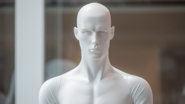A white mannequin on display in a storefront window. Suitable for fashion or retail concepts