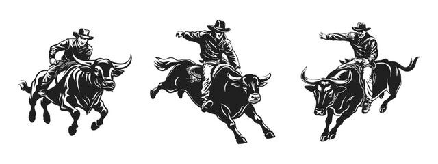 Rodeo vector illustration. Cowboy riding bull hand drawn black on white background. Male rider bucking silhouette - obrazy, fototapety, plakaty