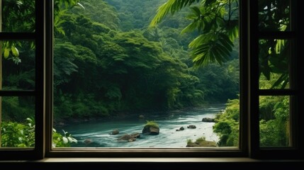 A serene view of a river through a window, suitable for various design projects