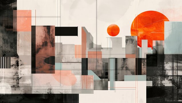 City life depicted in formalist aesthetics, abstract still life, light and dark shades of gray, minimal lines, and a warm color palette.