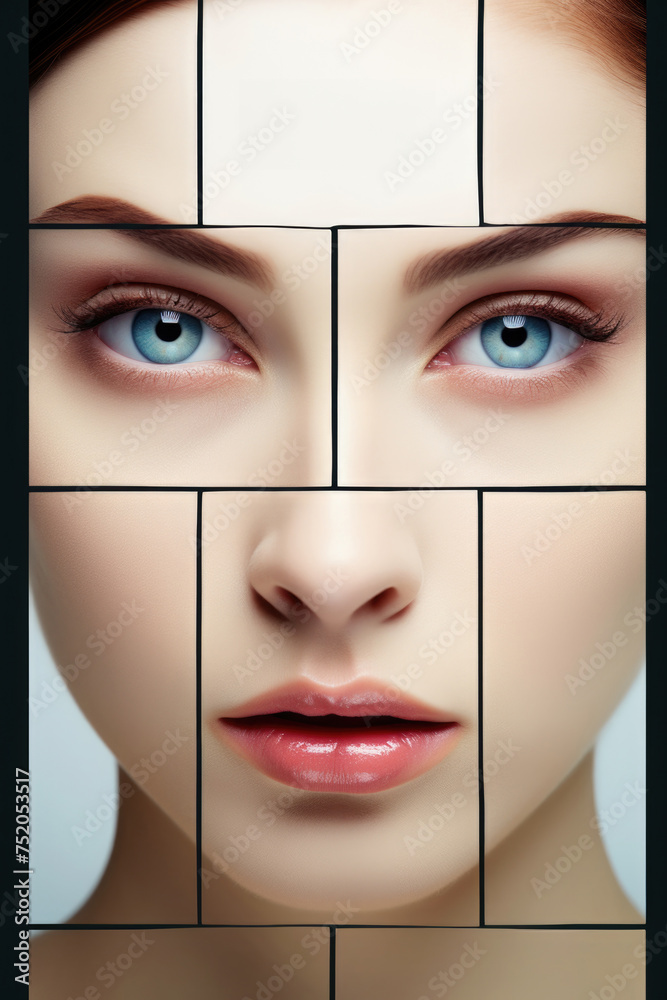 Poster detailed close-up of a woman's face with a grid of squares, versatile for various projects