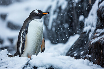 Fototapeta premium Close-up of an emperor penguin near a snow-covered rock. Generated by artificial intelligence