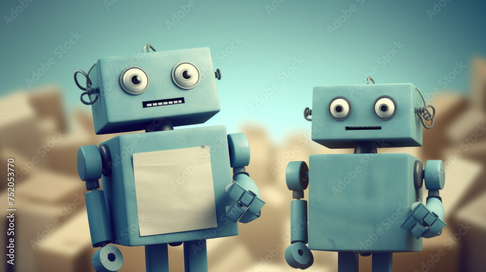 Aufkleber Two blue robots standing side by side. Suitable for technology and robotics concepts