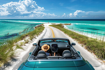 Person driving a convertible car on a coastal road by the sea