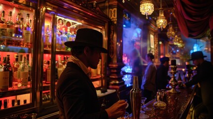 An elegantly dressed gentleman in a vintage speakeasy bar, mixing a drink amidst the rich, warm ambience of the prohibition era.