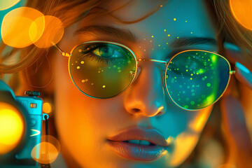 woman with green eye glasses holding a camera with yellow sparkles in the background.Imaginary photographer concept