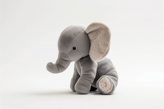 close-up photo of a grey children soft stuffed animal toy elephant on a white background, isolated.