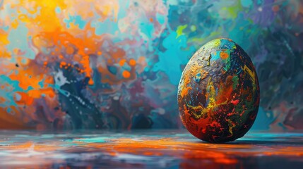 Easter egg painted with colors, creative eggs, pysanky on dark blurred background. Paint splashes and swirls
