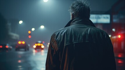 A man standing in the middle of a street at night. Suitable for urban and nightlife themes