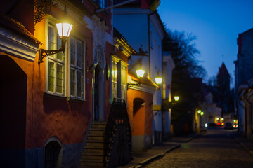 Silent empty streets during evening in Tallinn old town district