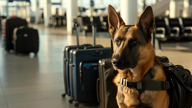 A security dog trained in detecting explosives stands alert next to a line of suitcases ready to assist in keeping the airport and its passengers safe.