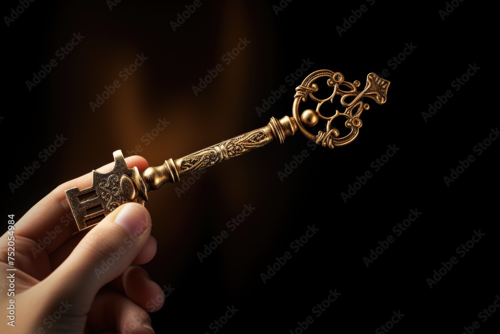 Poster a person holding a golden key. suitable for various concepts