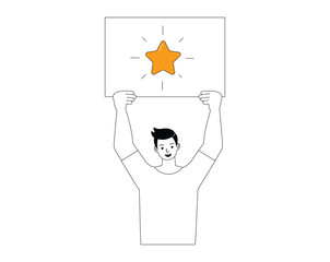 Business winner and success illustration concept. Businessman showing golden star rating character outline flat and minimal vector design style.
