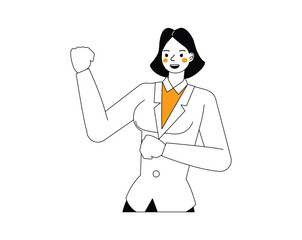 Business winner and success illustration concept. Businesswoman happy and cheerful character outline flat and minimal vector design style.