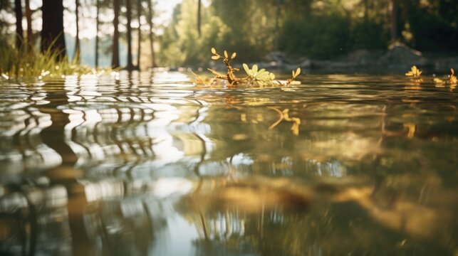 A serene image of leaves floating on a calm lake. Perfect for nature backgrounds