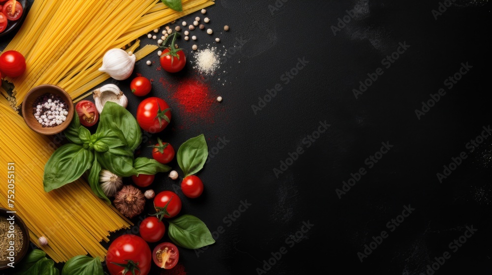 Poster Assorted food items on a black table, suitable for various concepts