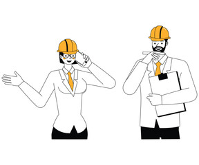 Engineering people working character outline flat and minimal vector illustration design style. Presentation in various action.