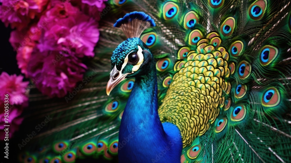 Poster close up of a colorful peacock with vibrant feathers. perfect for nature and wildlife themes