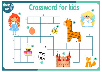 crossword for children. cute animals and objects. logic game. worksheet for kids